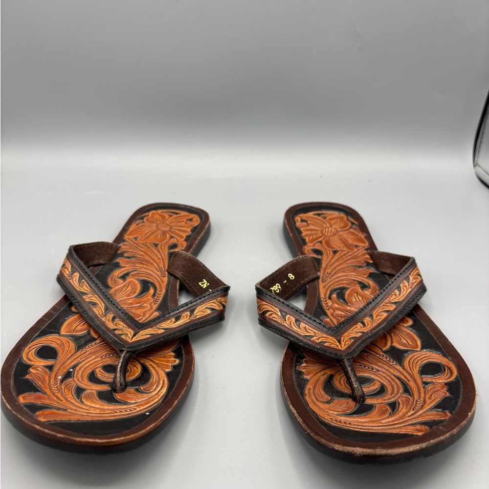 AMERICAN DARLING TOOLED LEATHER FLIP FLOPS